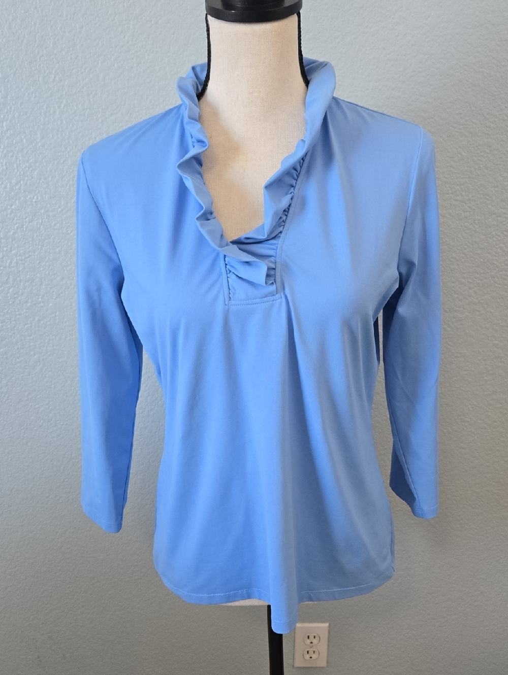 J. McLaughlin Durham Ruffle Top Powder Blue 3/4 Sleeve Catalina Cloth Sz Large